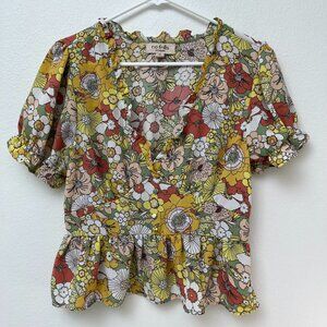 No Frills Los Angeles Flower Pattern Puff Sleeve Blouse Peplum Top Boho Size XL